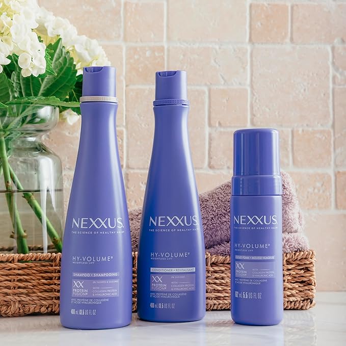 Nexxus HY-VOLUME Weightless Lift Shampoo, Conditioner & Foam 3 Pack PROTEIN FUSION with Collagen Protein & Hyaluronic Acid For Flat & Limp Hair for 48 Hours of Volume 13.5 fl oz & 5.5 fl oz-VivaGrace Women