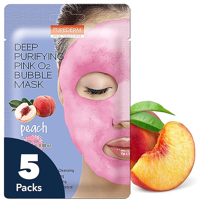 Purederm Deep Purifying Pink O2 Bubble Mask Peach (5 Pack) – Bubble Face Sheet Mask for Purifying & Moisturizing-VivaGrace Women