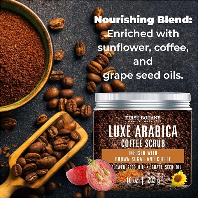 First Botany Body Scrub - Natural Exfoliating Sugar Scrub & Body and Face Souffle helps with Moisturizing Skin, Acne, Cellulite, Dead Skin Scars, Wrinkles (10 fl oz, Brown Sugar + Coffee)-VivaGrace Women