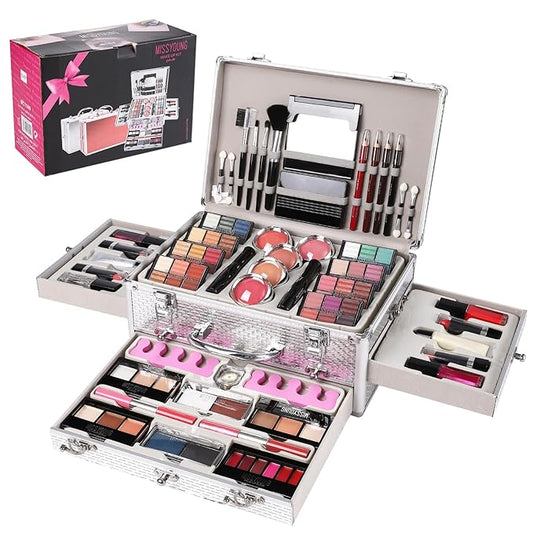 All in One Makeup Kit for Teens, 106 Pcs Professional Makeup Kit for Women Full Kit, Include Eyeshadow Palette, Lipstick Set, Concealer, Foundation, Lipgloss, Makeup Brush(Silver)-VivaGrace Women
