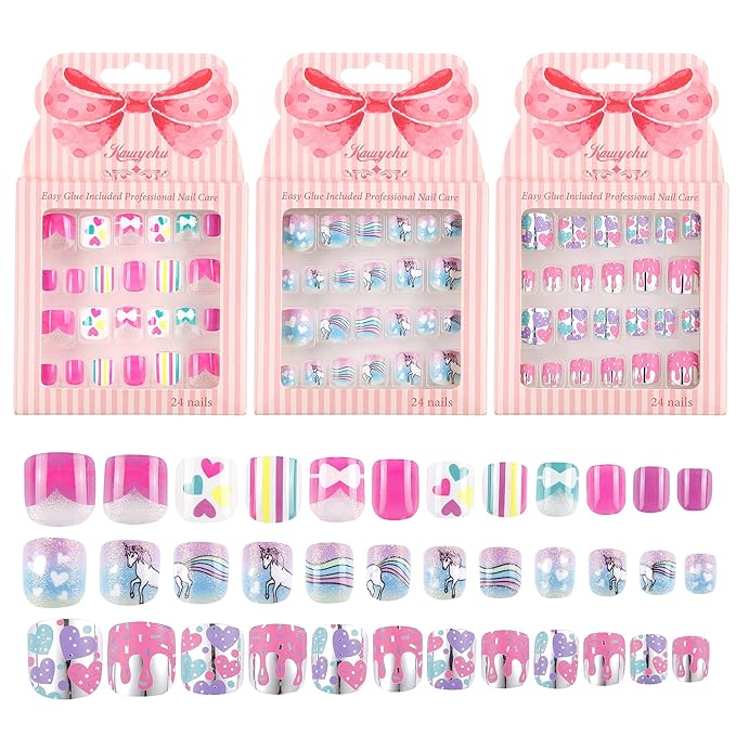 Kids Press on Nails Children Fake Nails 72PCS Artificial Nail Tips Adhesive Full Cover Short False Fingernails for Girls Kids Nail Decoration (Bow Tie Heart Unicorn)