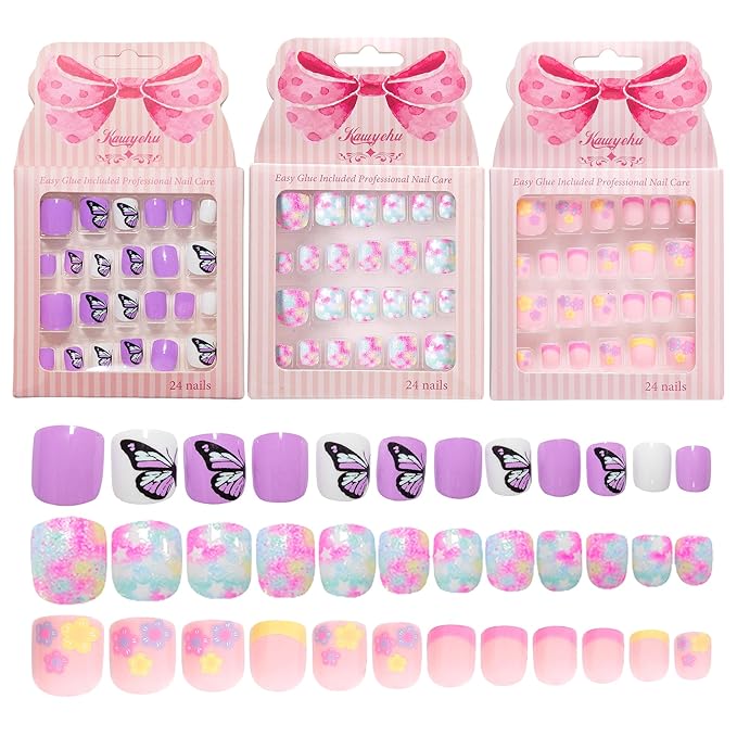 Kids Press on Nails Children Fake Nails 72PCS Artificial Nail Tips Adhesive Full Cover Short False Fingernails for Girls Kids Nail Decoration (Butterfly Flower Star)