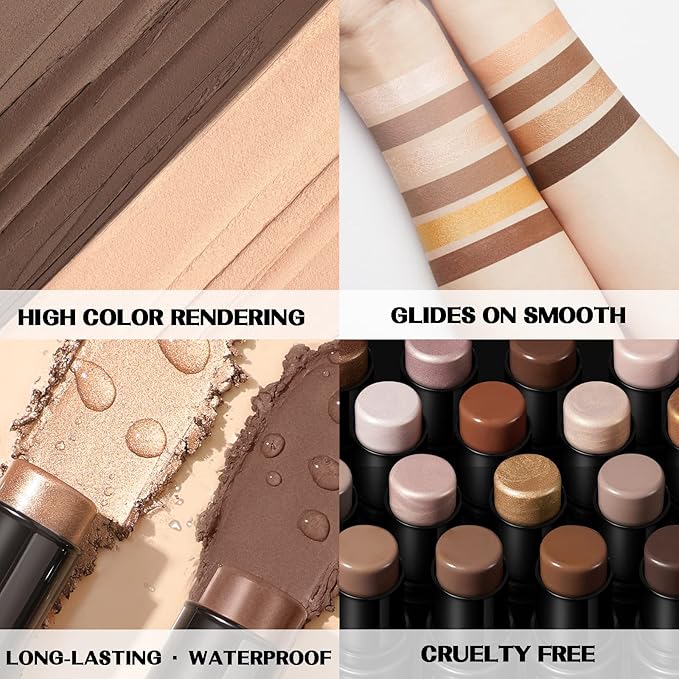 FOCALLURE 2 Pcs Mineral Cream Contour Stick,Moisturize Highlighter and Bronzer Pen,Non Stick Face Brightens & Shades Pencil,Long Lasting & Smooth Gliding Face Illuminator Makeup,Deep-VivaGrace Women