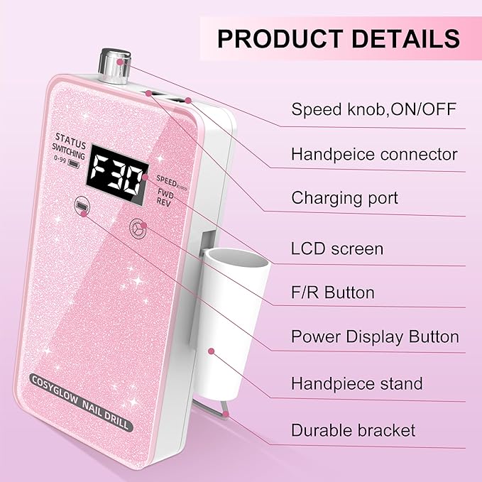 Professional Electric Nail Drill File:COSYGLOW Glitter Portable Cordless E-File Nail Drill Kit with 11 Drill Bits,30000 RPM Rechargeable Nail Drills Machine for Acrylic Nails Gel Polishing (Pink)-VivaGrace Women