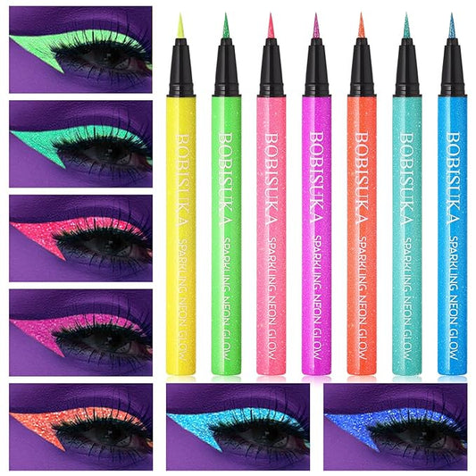 BOBISUKA UV Shimmer Glow Liquid Eyeliner Set, 7 Colors Glitter Neon Colored Eyeliners Pen, Colorful Waterproof Pigmented Graphic Liners, Metallic Eye Makeup Kit for Rave Accessories Party-VivaGrace Women
