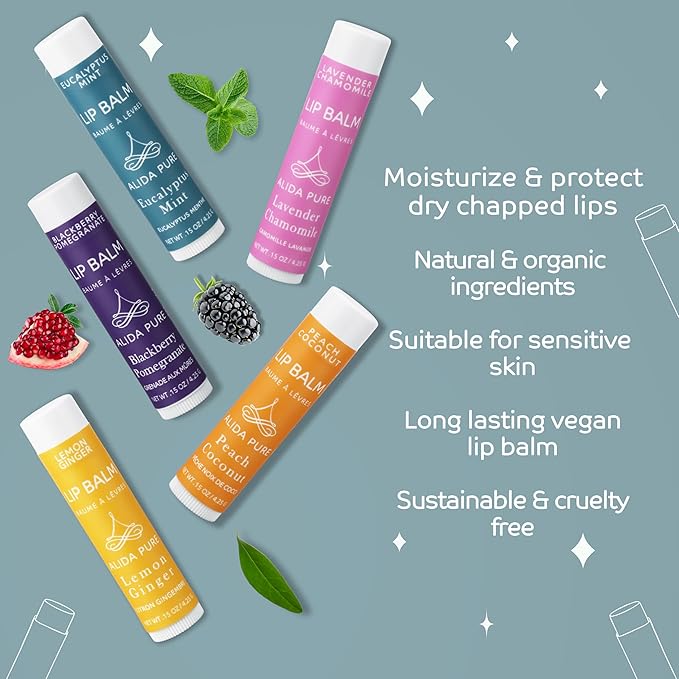 Duet Lip Balm Collection, Vegan Lip Balm Set, Beeswax Free, with Avocado Oil, Organic Jojoba Oil, and Vitamin E, Natural Moisturizer for Dry, Chapped Lips, 5 Tube Set-VivaGrace Women
