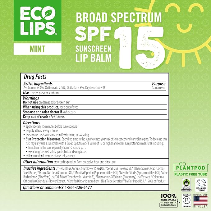 Eco Lips Classic Variety Broad Spectrum Sunscreen Lip Balm 6-Pack (Berry, Sport, Mint) - 100% Plastic-Free Plant Pod Packaging - Made in USA-VivaGrace Women