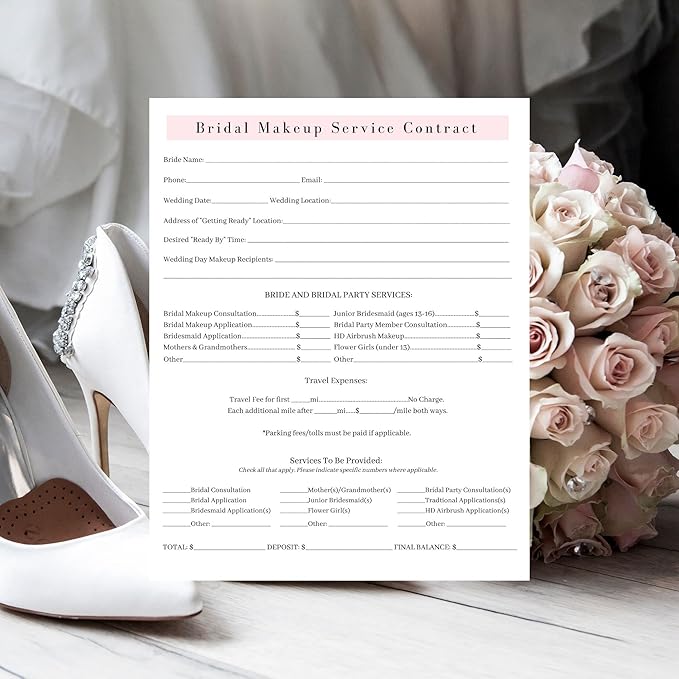 Bridal Makeup Service Contract | 100 Pack | 8.5 x 11" A1 Forms | Makeup Artist Supplies | Bridal Contract | White and Pink Forms-VivaGrace Women