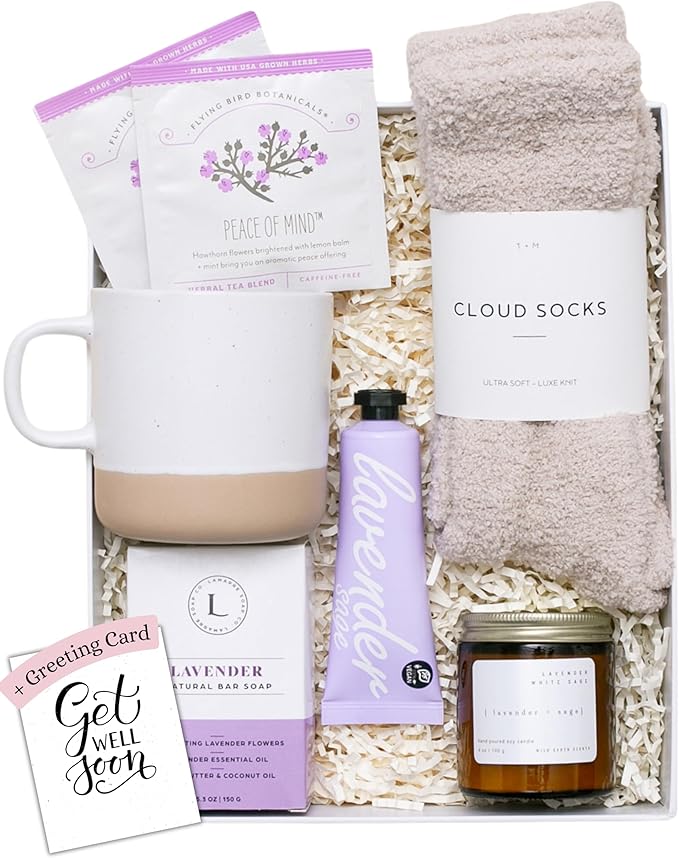 Unboxme Lavender Spa Gift Set - Relaxation Gifts For Women - Get Well Soon Gift Basket with Scented Candle, Bath Bomb, Soap ("Get Well Soon" Greeting Card, Classic Lavender Collection)-VivaGrace Women
