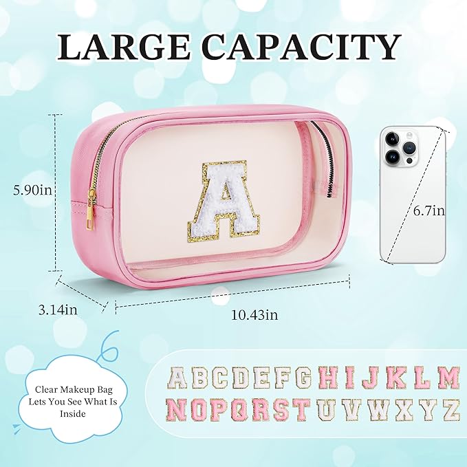 YOOLIFE Graduation Teacher Gifts Initial Clear Makeup Bag Birthday Gift Travel Toiletry Preppy Cosmetic Bags Birthday Gift for Girls Kids Travel Essentials Clear Toiletry Bag A-VivaGrace Women