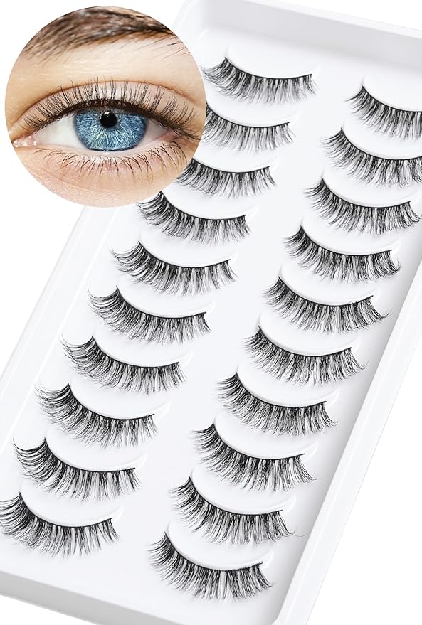 Lashes Wispy False Eyelashes Cat Eye Lashes Natural Look 3D Volume Fake Eyelashes Thin Band Lashes 12mm Natural Eye Lashes C Curl Siligli Lashes Pack 10 Pair-VivaGrace Women