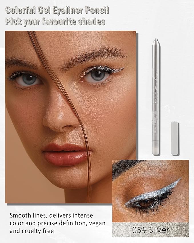 Silver Glitter Eyeliner Pencil Gel, Sharpenable Multi-Use Longwear Colorful Eye Liner, Waterproof Smudge Resistant, Cruelty Free Eye Brightener Pencil Makeup Pen with Sharpener, Delineador De Ojos-05