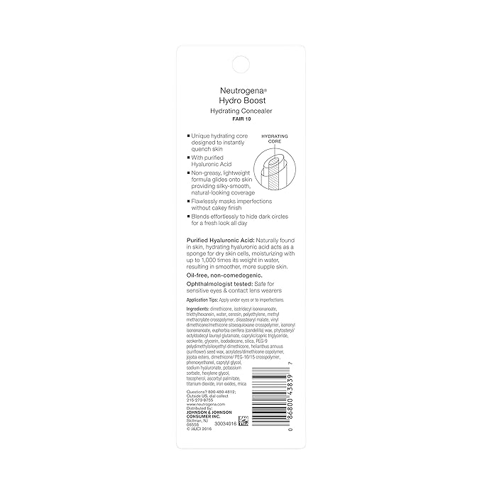 Neutrogena Hydro Boost Hydrating Concealer Stick for Dry Skin, Oil-Free, Lightweight, Non-Greasy and Non-Comedogenic Cover-Up Makeup with Hyaluronic Acid, 10/Fair, 0.12 Oz-VivaGrace Women