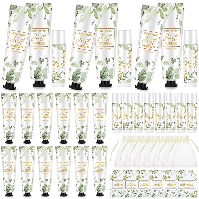 25 Set Wedding Lip Balms and Hand Cream Gift Set Include 25 Moisturizing Hand Care Cream 25 Lip Balms with Thank You Cards and Bags Bridesmaid Gift Set for Bridal Shower Wedding(Greenery)-VivaGrace Women