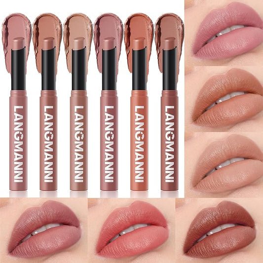 Jolilab 6Pcs Velvet Matte Lipstick Nude Matte Soft Dark Color Stick High Pigmented Long-Lasting Waterproof Lip Stick Lip Balm Beauty Cosmetics Gift for Girls and Women(01#-06#)-VivaGrace Women