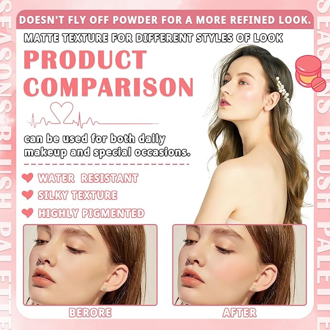 4 Colors Blush Palette for Cheeks,Face Matte Contour Blush Makeup Palette,Buildable Shimmer Facial Cheek Blusher Shades,Blendable Cosmetic Makeup Blush with Blush Brush 01-VivaGrace Women