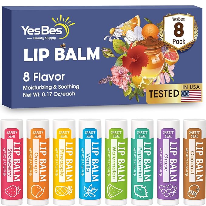 Lip Balm, 8 Pack Natural Bulk with Vitamin E & Coconut Oil, Moisturizing Dry Cracked Lips Protection, 8 Flavors - Stocking Stuffers-VivaGrace Women