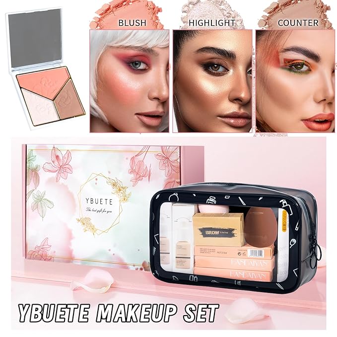 Makeup Set Kit for Women Full Kit, Makeup Present for Women Teen Girl, Eyeshadow Foundation Face Primer Brush 3 in 1 Palette Lip Gloss, Eyebrow Soap Mascara Eyeliner cosmetic bag-VivaGrace Women