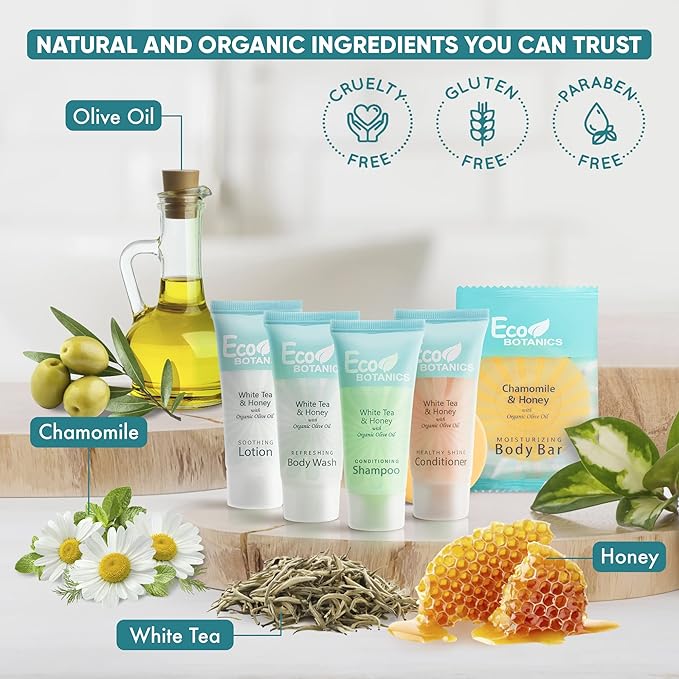 Eco Botanics Hotel Soaps & Toiletries Bulk Set | 0.85oz Hotel Shampoo & Conditioner, Body Wash, Body Lotion & Bar Soap Travel Size | 300 Pieces-VivaGrace Women