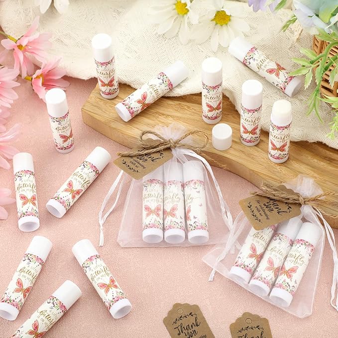 Demissle 50 Pcs Baby Shower Lip Balm Gift Set with 100 Pcs Organza Bags Baby Shower Party Favor for Guest Thank You Tag Rope Baby Shower Party Decoration Gender Reveal Souvenirs (Butterfly)-VivaGrace Women