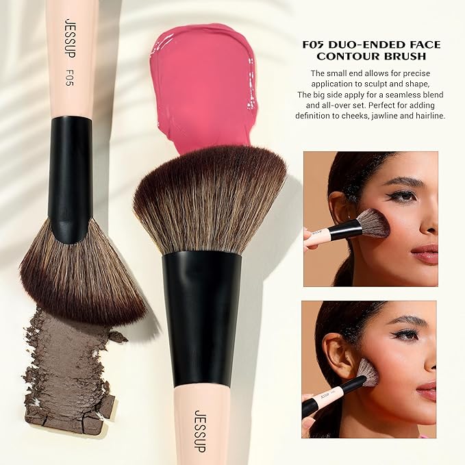 Jessup Face Makeup Brushes 3pcs Double Ended Makeup Brush Set for Foundation Contour Blush Highlight and Powder, Premium Synthetic Make up Brushes Peach Dust T508-VivaGrace Women