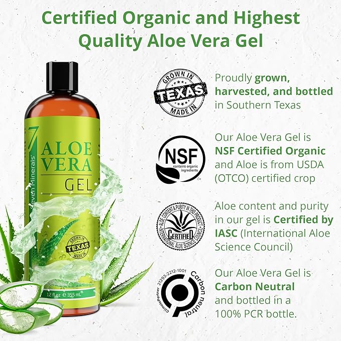 Seven Minerals Organic Aloe Vera Gel from freshly cut 100% Pure Aloe - Big 12oz - HighestQuality, Texas grown, Vegan, Unscented - For Face, Skin, Hair, Sunburn relief-VivaGrace Women