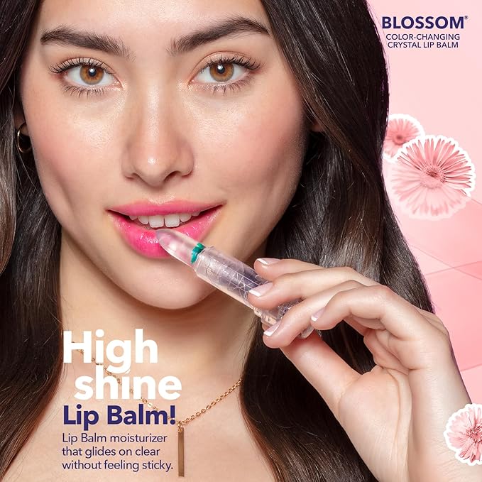 Blossom Moisturizing Custom Color Changing Crystal Lip Balm, Strawberry Scented, Lip Stain Tint, Infused with Real Flowers, 3g, Turquoise-VivaGrace Women