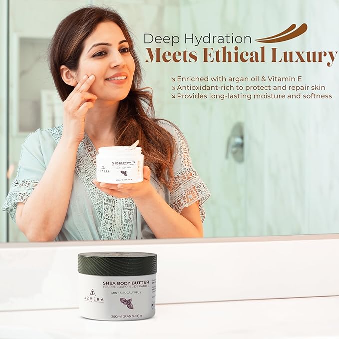 AZMERA Handcrafted Whipped Shea Body Butter – Refreshing Mint & Eucalyptus Scented Moisturizer for Dry, Sensitive Skin, Argan Oil & Vitamin E – Vegan, Non-Greasy Skincare – 8.82 oz-VivaGrace Women