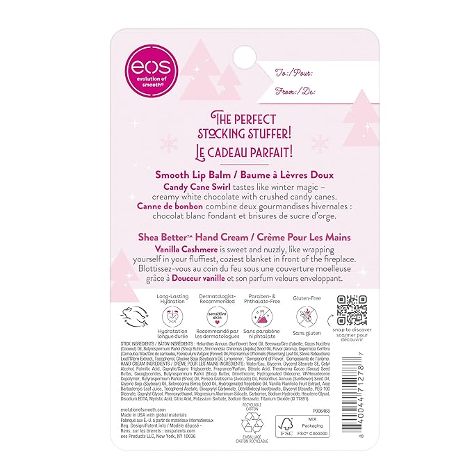 eos Holiday Skin Care Set- Vanilla Cashmere Travel Hand Cream & Candy Cane Swirl Lip Balm, Stocking Stuffers, 1 fl oz Hand Cream + 0.14 oz Lip Balm, 2-Pack-VivaGrace Women