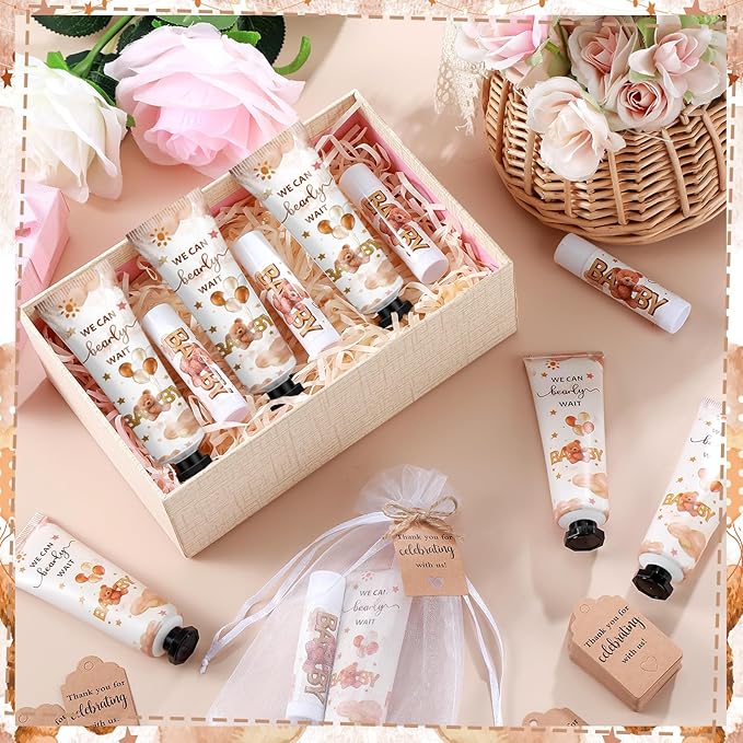 50 Sets 200 Pcs Baby Shower Hand Lotion and Lip Balm Gift Theme Baby Shower Party Favors Travel Size Hand Lotion and Lip Balm Bulk with Organza Bags Tags(Bear)-VivaGrace Women