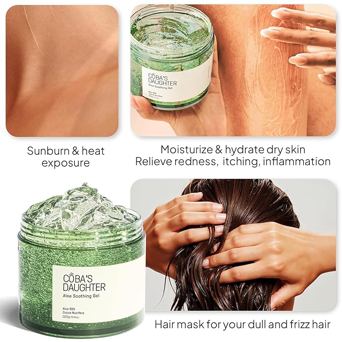 COBA'S DAUGHTER 99% Pure Aloe for Sunburn Relief & After Sun Recovery| Coconut Scented Aloe Vera Gel |Organic Aloe Vera Gel for Face & Body - Hair Hydration & Cooling Lotion (10.6 oz)-VivaGrace Women