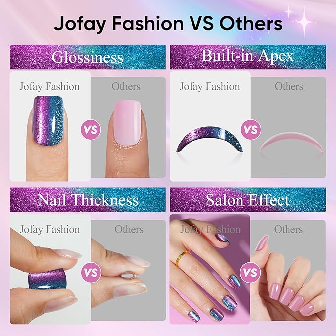 Press on Nails Short, Jofay Fashion Fake Nails, Two-color Ombre Cat Eye Press on Nails, Summer Acrylic False Nails, Reusable Stick on Nails for Women Girls, Glue on Nails Kit 32 Pcs, Amethyst Aurora
