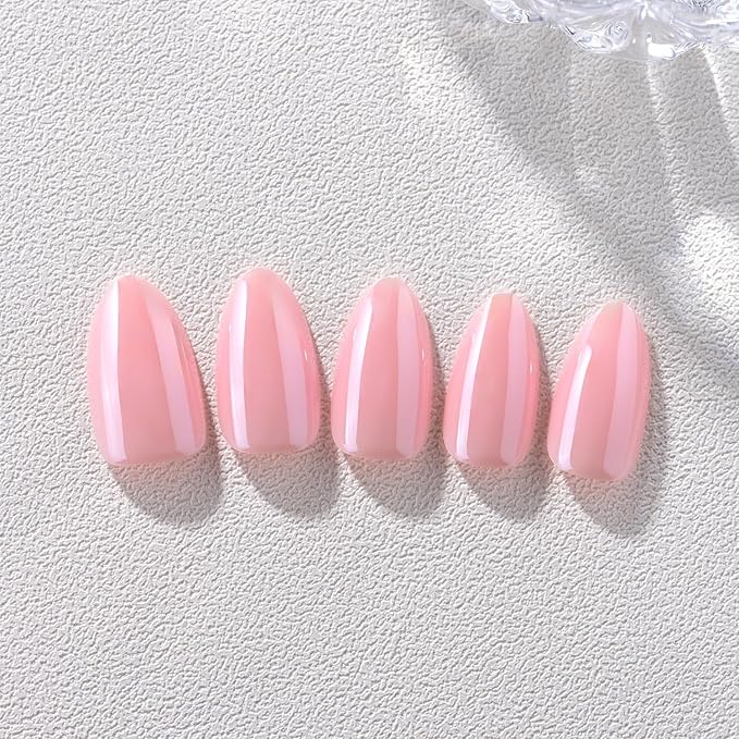 Chrome Press on Nails Short Almond, Pink Press on Nails Almond, Fashion Gel Spring Fake Nails, Reusable Glossy Stick on Nails for Women, Glue on Nails Kit,15 Sizes - 30Pcs