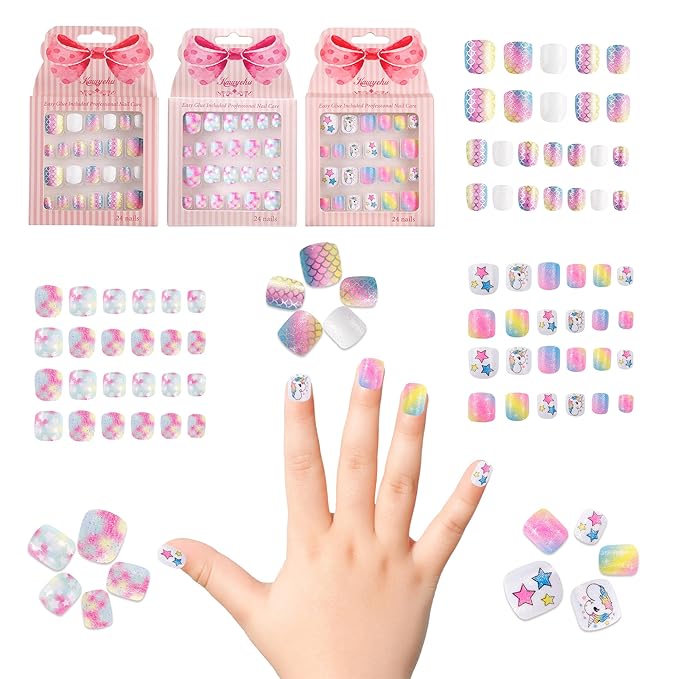 Kids Press on Nails Children Fake Nails 72PCS Artificial Nail Tips Adhesive Full Cover Short False Fingernails for Girls Kids Nail Decoration (Mermaid Unicorn)