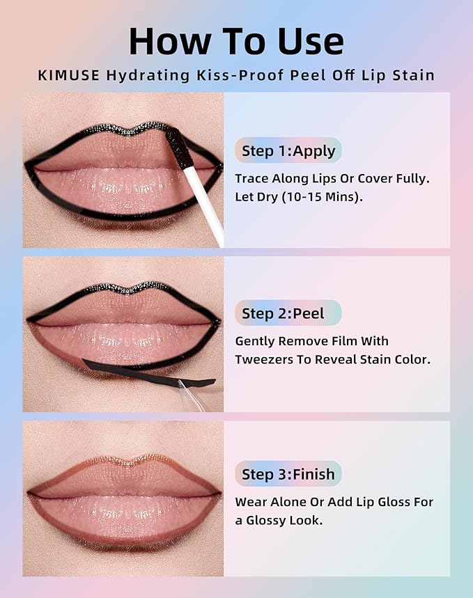 KIMUSE Lip Stain Peel Off, Peel Off Lip Liner Stain with Tweezer, Long Lasting, Waterproof, Transfer Proof Lipstains Color, Smudge-Free, Easy Removal, Matte Finish-VivaGrace Women