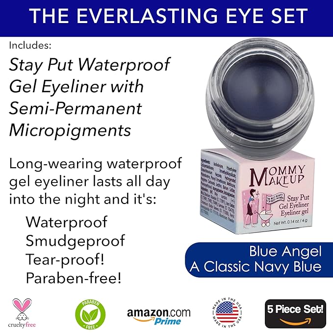 The Everlasting Eye 5 Piece Waterproof Makeup Set. Gel Eyeliner, Creme Eyeshadow, 2 brushes and Mesh Bag. Paraben-free, Talc-free, Cruelty-free. Elsa/Blue Angel 1112-VivaGrace Women