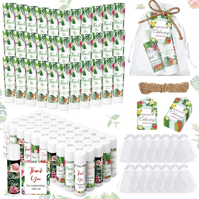 200 Pcs Baby Shower Wedding Party Favors Gift Set, 50 Pcs Baby Shower Hand Cream and 50 Lip Balm for Wedding Bridesmaid Guests Gift Supplies with 50 Organza Bag 50 Thank You Tag(Tropical)-VivaGrace Women