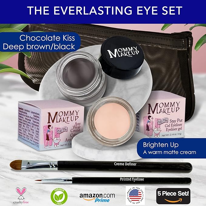 The Everlasting Eye 5 Piece Waterproof Makeup Set. Gel Eyeliner, Creme Eyeshadow, 2 brushes and Mesh Bag. Paraben-free, Talc-free, Cruelty-free. Brighten Up/Chocolate Kiss 2202-VivaGrace Women