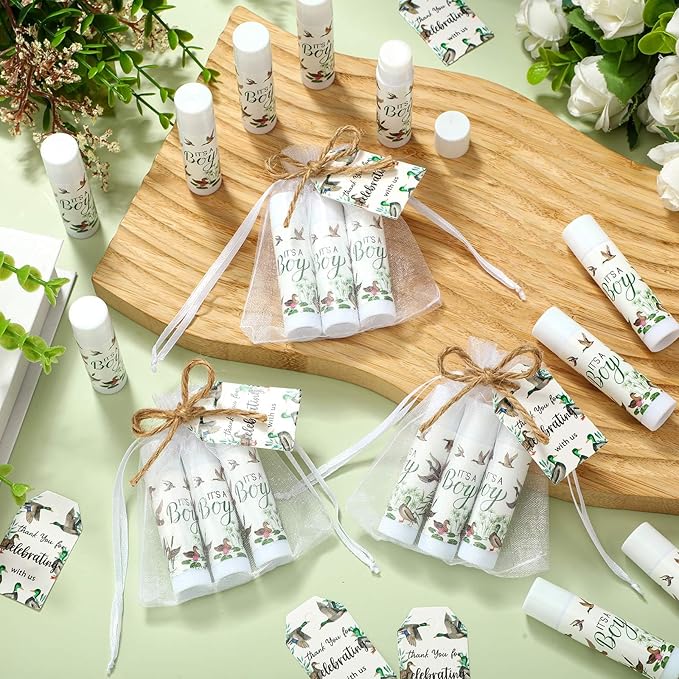 Demissle 50 Pcs Baby Shower Lip Balm Gift Set with 100 Pcs Organza Bags Baby Shower Party Favor for Guest Thank You Tag Rope Baby Shower Party Decoration Gender Reveal Souvenirs (Mallard)-VivaGrace Women