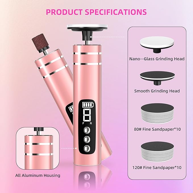 2 in 1 Electric Foot Callus Remover,9 Adjustable Speeds Rechargeable Electric Dead Skin Sander Pedicure Tools with Sandpaper Disk and Nail Drill Bits,Grinding Heads for Women&Men-VivaGrace Women