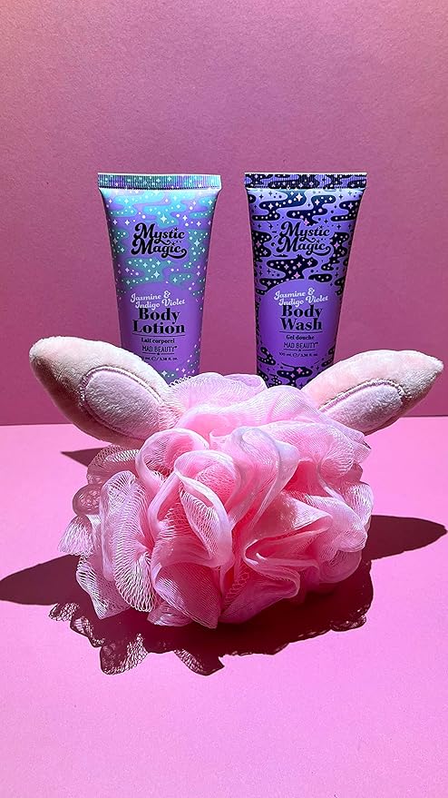MAD BEAUTY Mystic Magic Rabbit in the Hat Body Trio, 3-in-1 Bath Kit: Exfoliating Loofah, Body Lotion, & Body Wash, Gorgeous Jasmine & Indigo Violet, Relax & Unwind, Great Self-Care Gift Set-VivaGrace Women