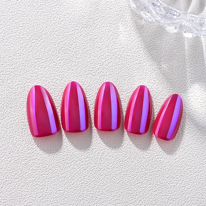 Chrome Spring Press on Nails Short Almond, Pink-Purple Press on Nails Almond, Fashion Gel Fake Nails, Reusable Glossy Stick on Nails for Women, Glue on Nails Kit,15 Sizes - 30Pcs