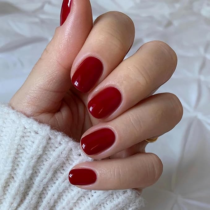 Press On Nails Squoval - Wine Red Fake Nails Short Full Cover Acrylic Glue on Nails in 12 Sizes - 24 Piece Pure Color Nail Kit,Natural Fit for Women & Girls Daily Wear