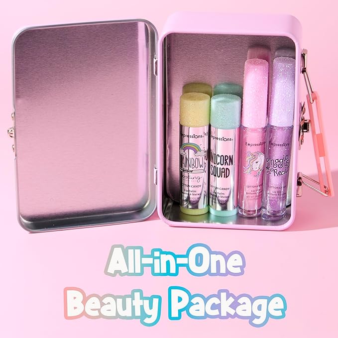 Expressions 5pc Cosmetics Lip Kit For Kids w/Lip Glosses, Lip Balms & Tin Box Storage Case I Believe in Unicorns Rhinestone,Washable + Non Toxic-VivaGrace Women