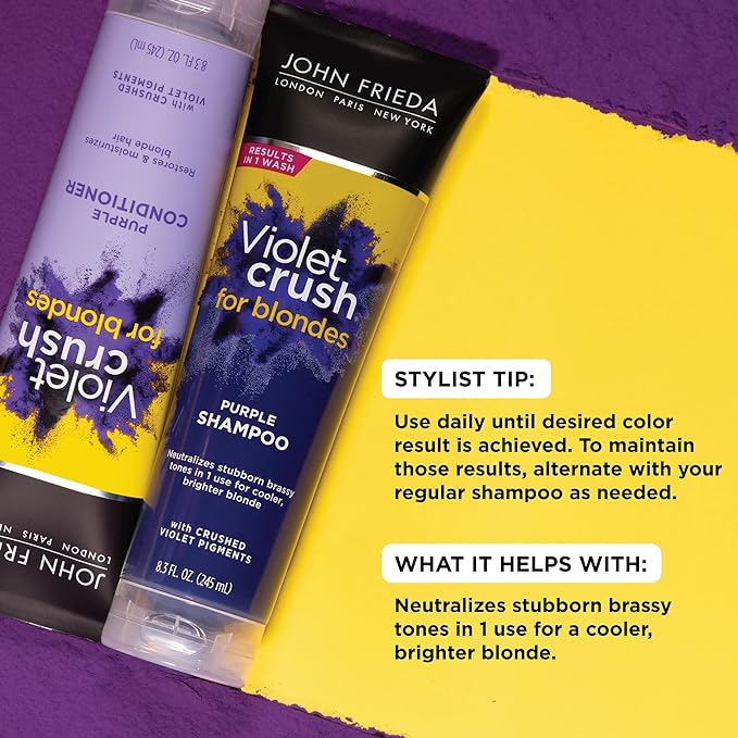 John Frieda Violet Crush Purple Shampoo and Conditioner Set for Blonde Hair, Neutralizes Yellow Tones for Bleached, Blonde, and Platinum Hair, 8.3 Oz, Pack of 2-VivaGrace Women