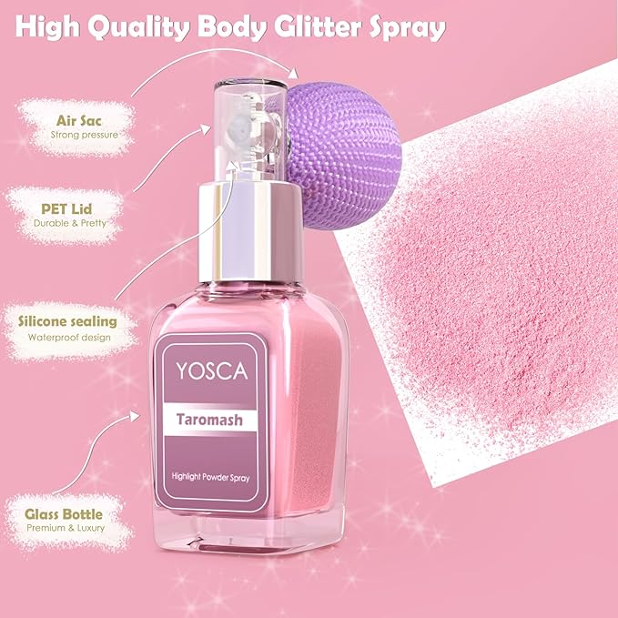 Yosca Highlighter Powder Spray, 20ML Cosmetic Grade Shimmer Powder Pink Glitter Spray Sparkle Highlighter Makeup Festival Concert Accessorise for Rave Clothes Hair Face Nail Art - Taromash-VivaGrace Women