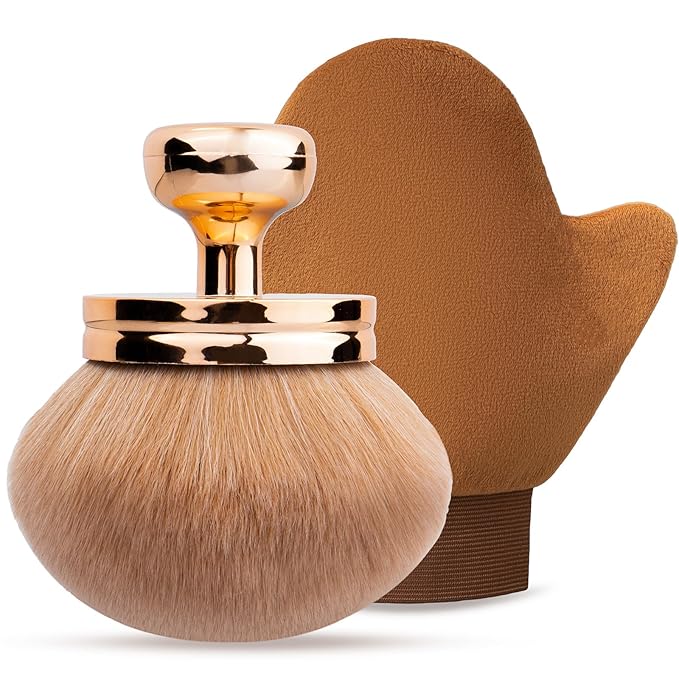 Self Tanning Brushes- Blend & Blur Extra Large Body Makeup Brush & Tanning Mitt, 2 Pcs, Kabuki Body Brush Applicator for Tan, Foundation, Self Tanner Glove for Application, Mousse, Lotion (Rose Gold)-VivaGrace Women