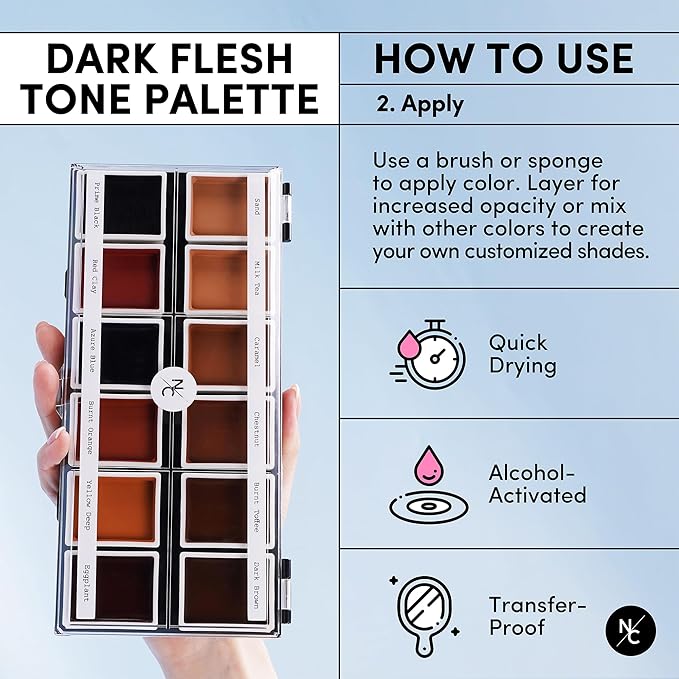 12 Color Dark Flesh Tone Alcohol Activated Makeup Palette Kit - Includes Alcohol Activator and Moisturizing Remover - Waterproof Makeup for Professional Makeup Artists-VivaGrace Women