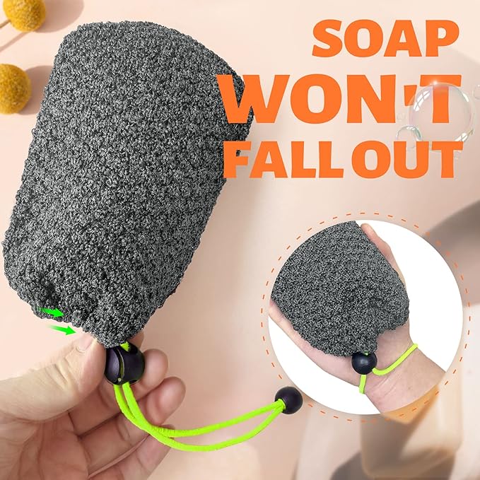 MIG4U Exfoliating Soap Bag for Shower 2 Pieces - Bar Soap Saver Pouch, Bamboo Body Scrubber Exfoliator Pocket in Travel Bathing, Grey