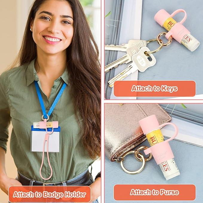 Desing Wish Silicone Lip Balm Holder with Cap Cover Portable Chapstick Holder Keychain Sleeve Lip Balm Key Chain with Key Ring and Wrist Strap Lanyard - Pink-VivaGrace Women